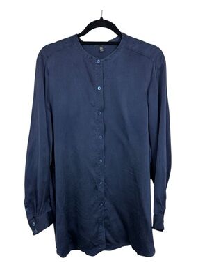Eileen Fisher Navy Silk Button-Down Top L
